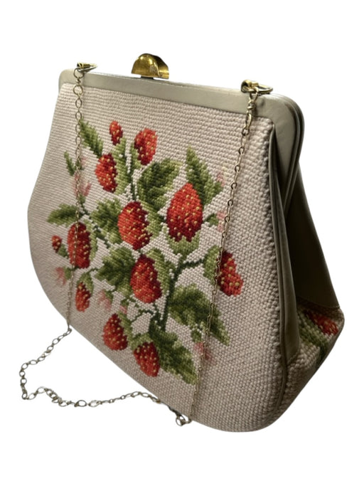 Taupe & Red Yarn Needlepoint Strawberry Kiss Lock Chain Strap Bag Taupe & Red / M
