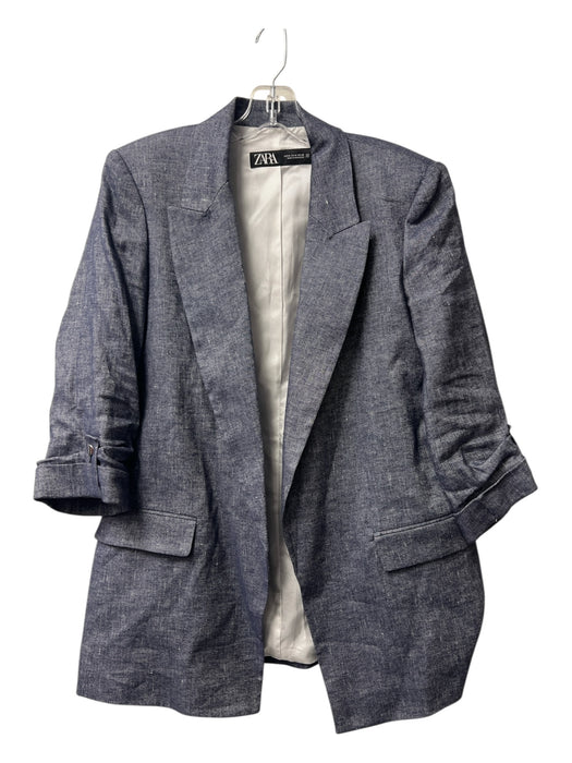Zara Size Medium Denim Cotton Blend Long Sleeve Open Front Lined Blazer Denim / Medium