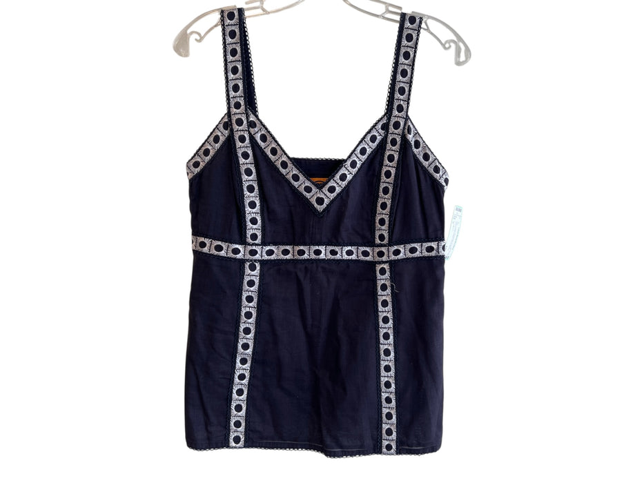 Tory Burch Size 6 Navy Cotton Sleeveless V Neck Embroidered Design Top Navy / 6