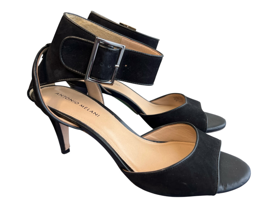Antonio Melani Shoe Size 10 Black Suede open toe Mid Heel Ankle Buckle Shoes Black / 10