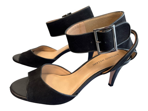 Antonio Melani Shoe Size 10 Black Suede open toe Mid Heel Ankle Buckle Shoes Black / 10