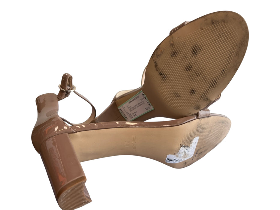 Nine West Shoe Size 9.5 Dark Beige Patent Leather open toe Block Mid Heel Shoes Dark Beige / 9.5