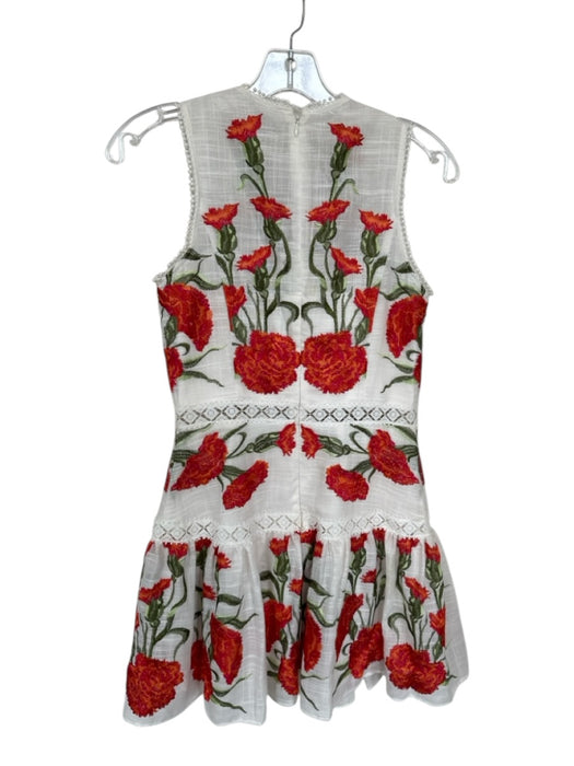 Alexis Size S White, Red & Green Sleeveless Embroidered Flowers Lace Trim Dress White, Red & Green / S
