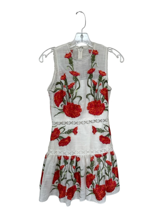 Alexis Size S White, Red & Green Sleeveless Embroidered Flowers Lace Trim Dress White, Red & Green / S