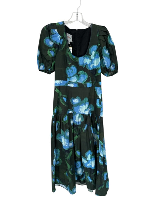 De Loreta Size S Green & Blue Cotton Short Balloon Sleeve Flowers backing Dress Green & Blue / S