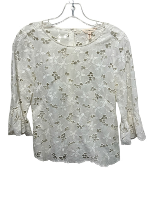 Rebecca Taylor Size 2 White Cotton 3/4 Trumpet Sleeve Floral Eyelet Top White / 2
