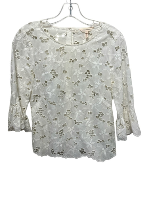 Rebecca Taylor Size 2 White Cotton 3/4 Trumpet Sleeve Floral Eyelet Top White / 2