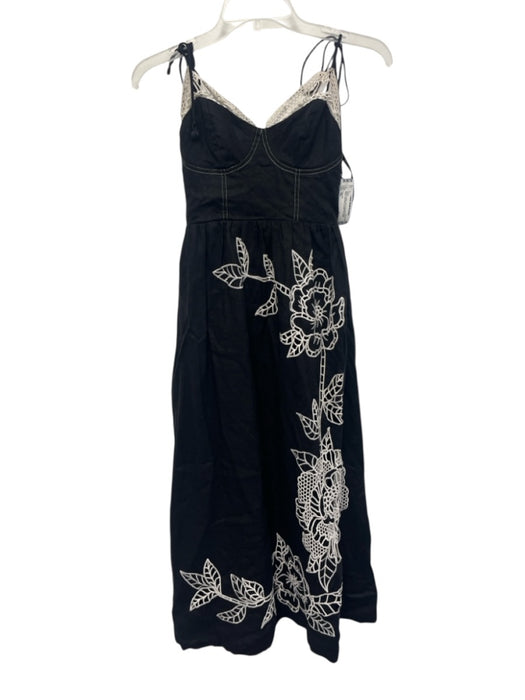 Farm Rio Size XS Black & White Linen Spaghetti Strap Floral Embroidery Dress Black & White / XS