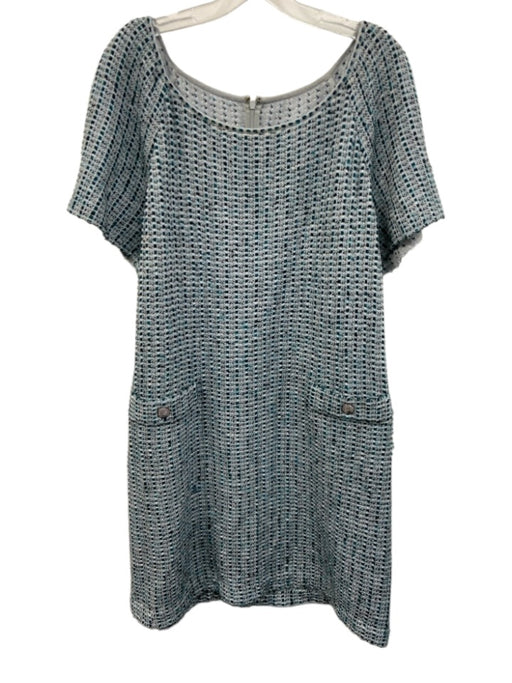 St John Size Est M/L Blue, Green, White Wool Blend Back Zip Scoop Neck Dress Blue, Green, White / Est M/L