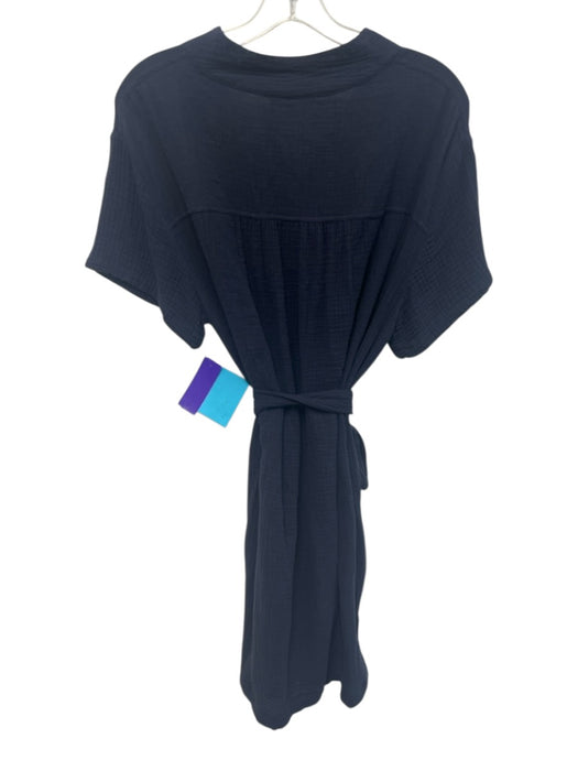 Magaschoni Size L Navy Blue Cotton V Neck Short Sleeve Side Pockets Dress Navy Blue / L