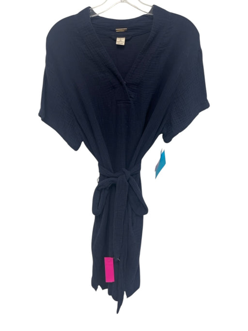 Magaschoni Size L Navy Blue Cotton V Neck Short Sleeve Side Pockets Dress Navy Blue / L