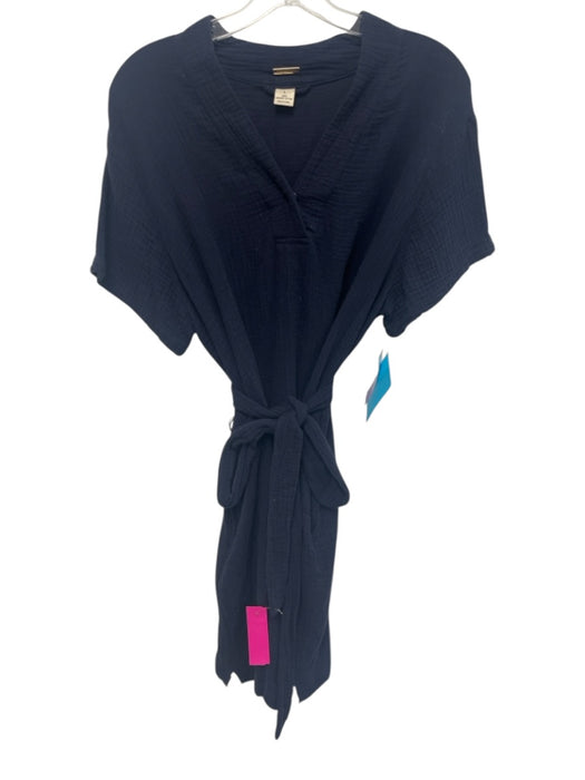 Magaschoni Size L Navy Blue Cotton V Neck Short Sleeve Side Pockets Dress Navy Blue / L