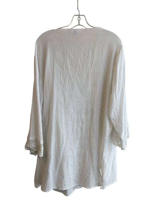 La Blanca Size XL White Cotton Long Sleeve V Neck Lace Detail Coverup White / XL