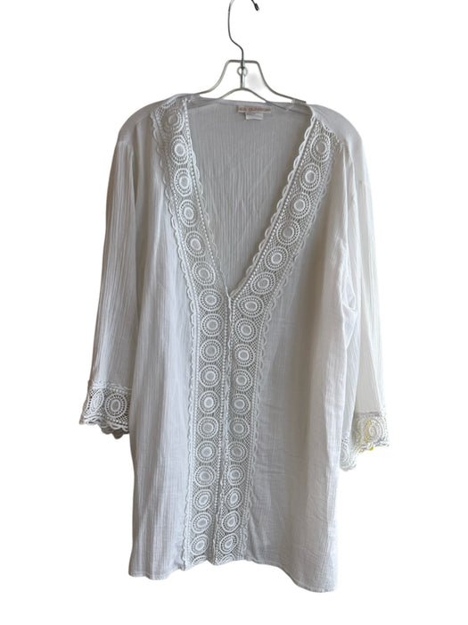 La Blanca Size XL White Cotton Long Sleeve V Neck Lace Detail Coverup White / XL