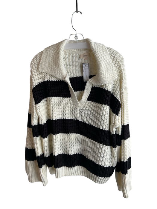 Elan Size Large White & Black Acrylic Wide Stripes V Neck Collared Top White & Black / Large