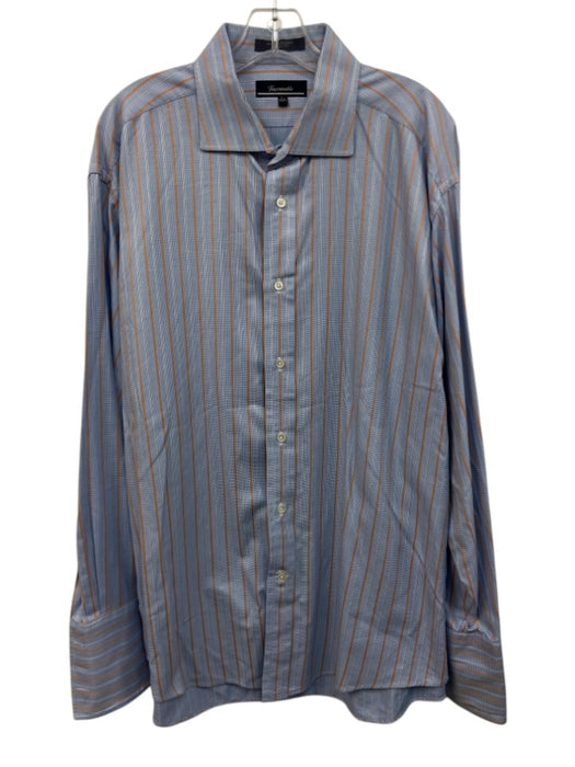 Facconable Size 17.5 Blue & Orange Cotton Striped Button Down Long Sleeve Shirt Blue & Orange / 17.5