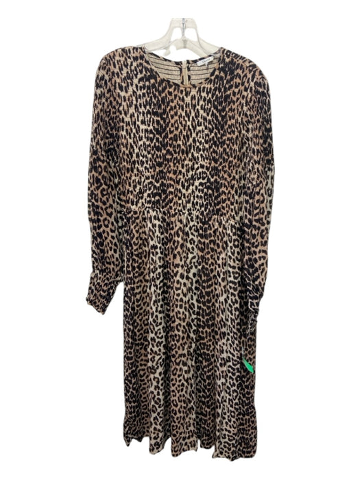 Ganni Size 40 Brown & Beige Viscose Animal Print smocked Long Sleeve Maxi Dress Brown & Beige / 40