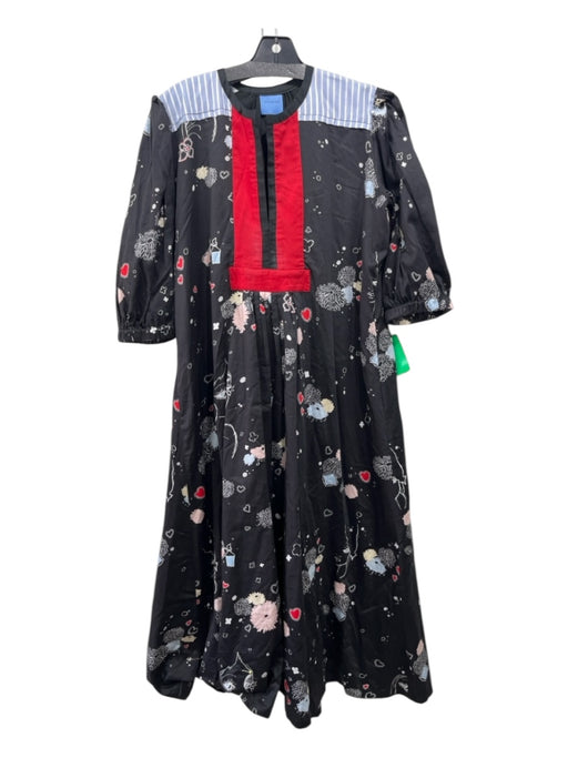 Macgraw Size 8 Black, Red & Blue Cotton V Neck Short Puff Sleeve Floral Dress Black, Red & Blue / 8