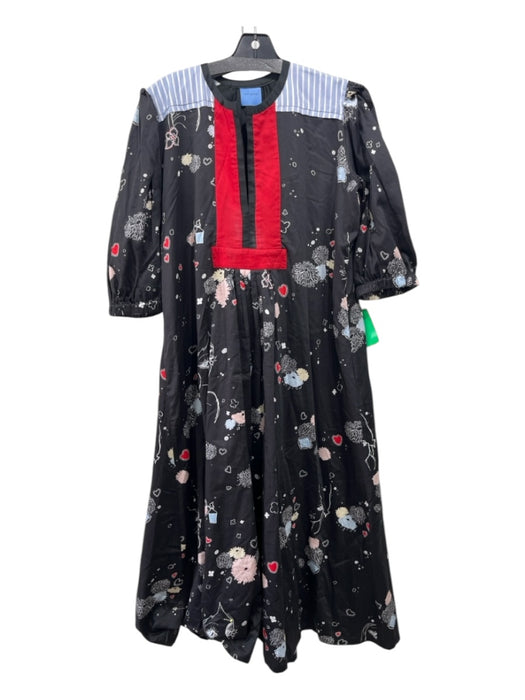 Macgraw Size 8 Black, Red & Blue Cotton V Neck Short Puff Sleeve Floral Dress Black, Red & Blue / 8