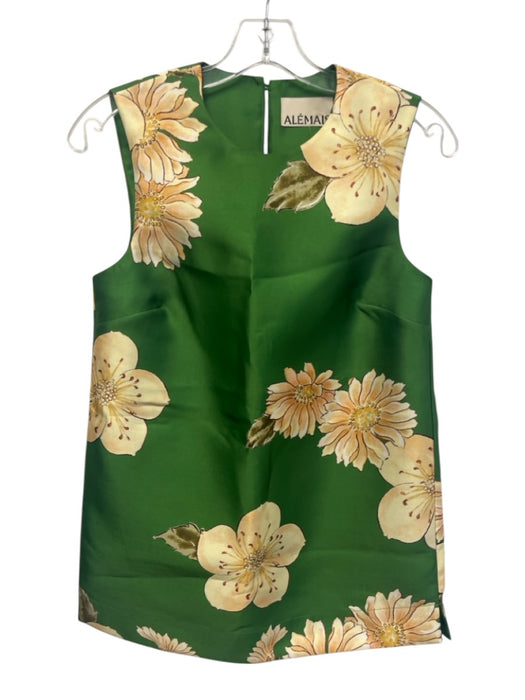 Alemais Size 0 Green & Beige Polyester Sleeveless Floral Satin Tunic Top Green & Beige / 0