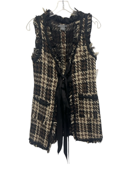 Gracia Size S Black, Beige & Brown Polyester Knit Houndstooth Tie Front Vest Black, Beige & Brown / S