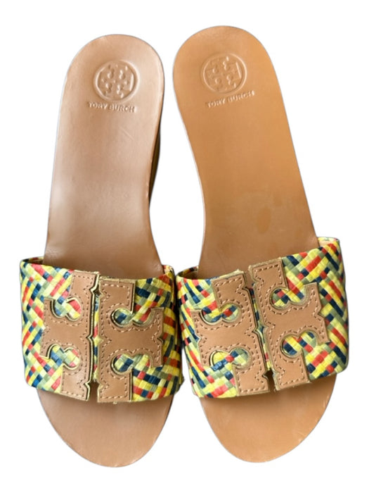 Tory Burch Shoe Size 7M Brown & Yellow Leather & Wood Raffia Woven Sandals Brown & Yellow / 7M