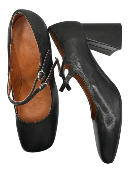 Chocolat Blu Shoe Size 7.5 Black Leather Block Heel Buckles Square Toe Pumps Black / 7.5