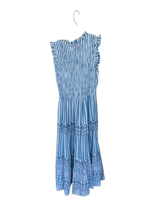 Oliphant Size S White & Blue Cotton Sleeveless smocked Striped Maxi Dress White & Blue / S