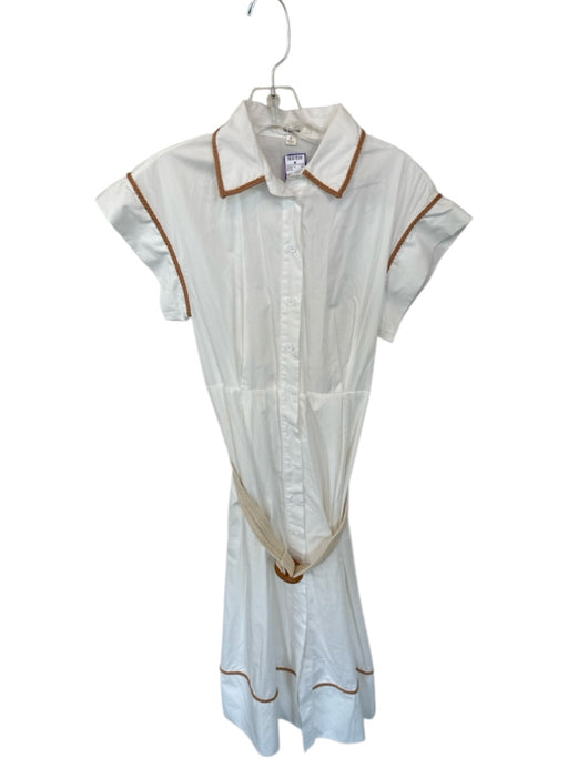 La Lavon Size S white & tan Cotton Cap Sleeve Rope Detail Belted Dress white & tan / S