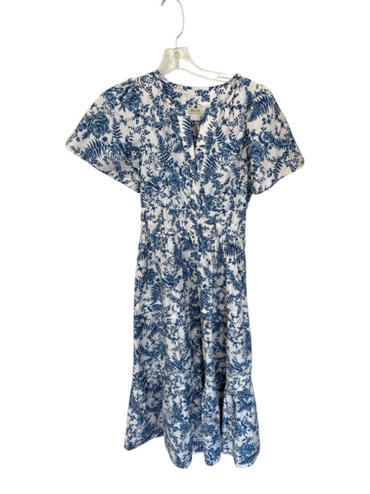 Maeve Size SP White & Blue Cotton Short Sleeve Botanical Smocked Waist Dress White & Blue / SP