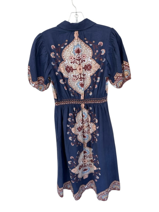 Cleobella Size S Navy & Brown Cotton Short Balloon Sleeve Flowers Buttons Dress Navy & Brown / S