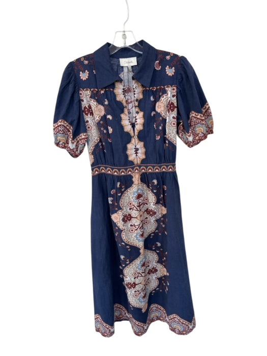 Cleobella Size S Navy & Brown Cotton Short Balloon Sleeve Flowers Buttons Dress Navy & Brown / S