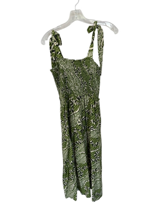 THML Size XS Green & Cream Rayon Blend Tie Straps smocked leaves Maxi Dress Green & Cream / XS