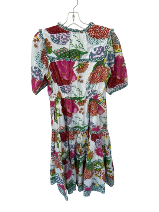 Charlee Size S White & Multi Cotton Short Balloon Sleeve Botanical Buttons Dress White & Multi / S