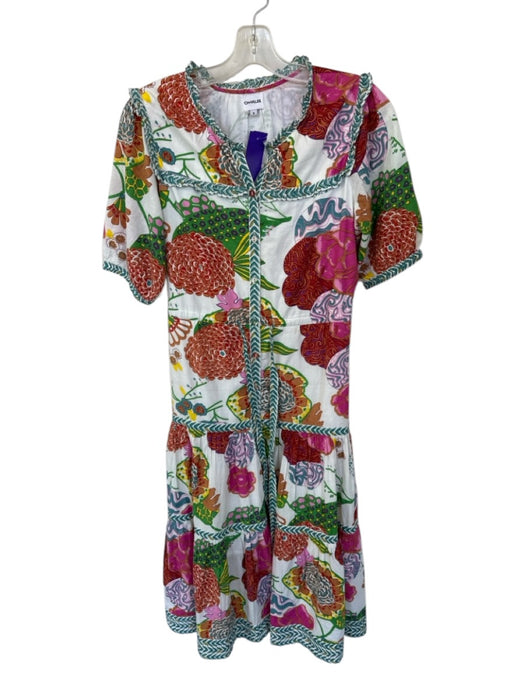 Charlee Size S White & Multi Cotton Short Balloon Sleeve Botanical Buttons Dress White & Multi / S