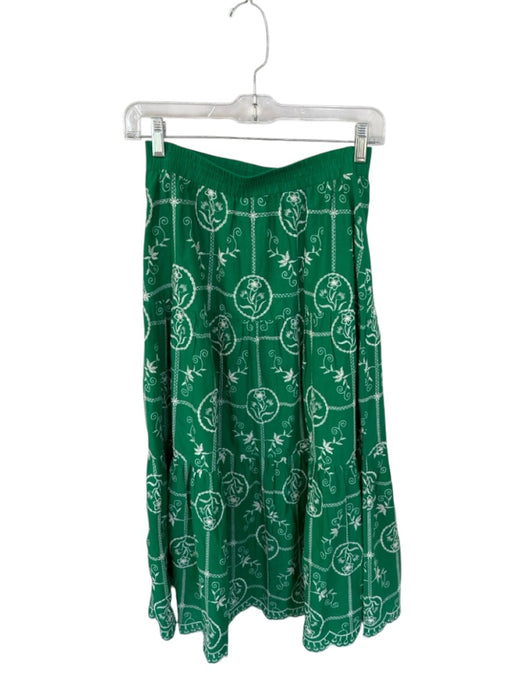 Pinch Size S Green & Cream Cotton Elastic Waist Embroidered Flowers Maxi Skirt Green & Cream / S