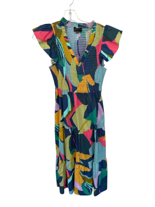 Sugar + Lips Size XS Multi Cotton Flutter Sleeves smocked Geometric V Neck Dress Multi / XS