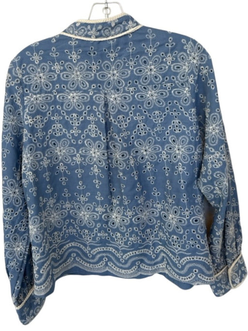 TCEC Size S Blue & Cream Cotton Long Sleeve embroider neck Buttons Top Blue & Cream / S