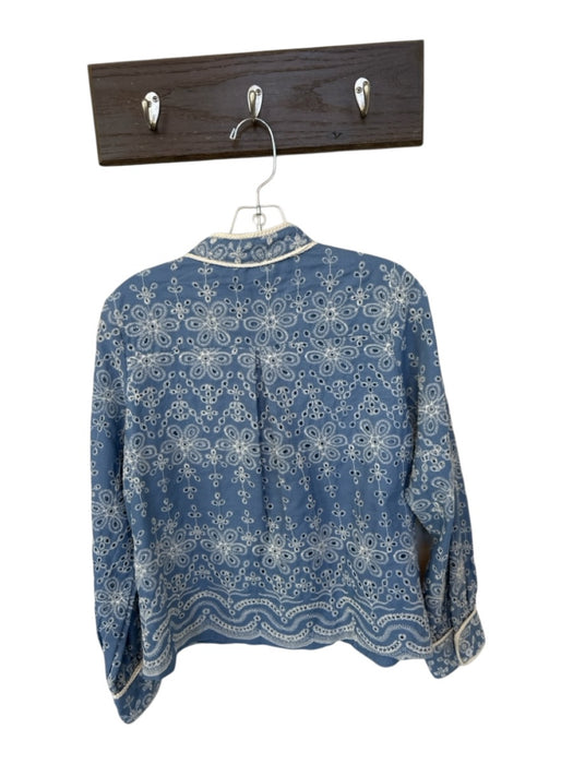 TCEC Size S Blue & Cream Cotton Long Sleeve embroider neck Buttons Top Blue & Cream / S