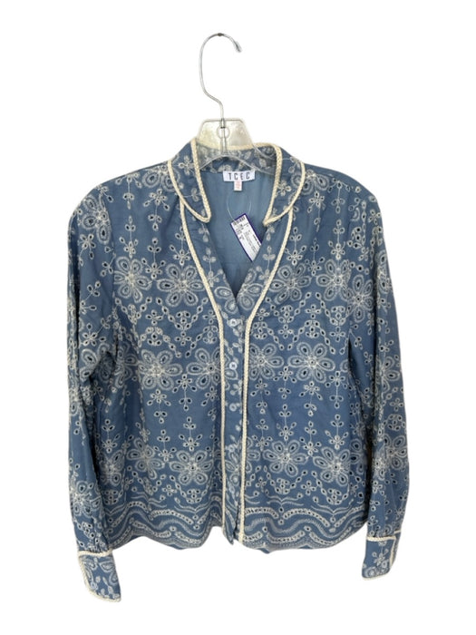 TCEC Size S Blue & Cream Cotton Long Sleeve embroider neck Buttons Top Blue & Cream / S