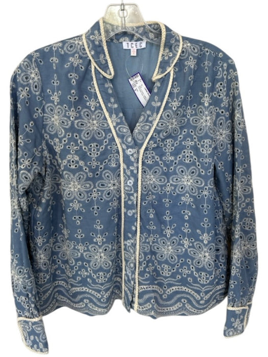 TCEC Size S Blue & Cream Cotton Long Sleeve embroider neck Buttons Top Blue & Cream / S