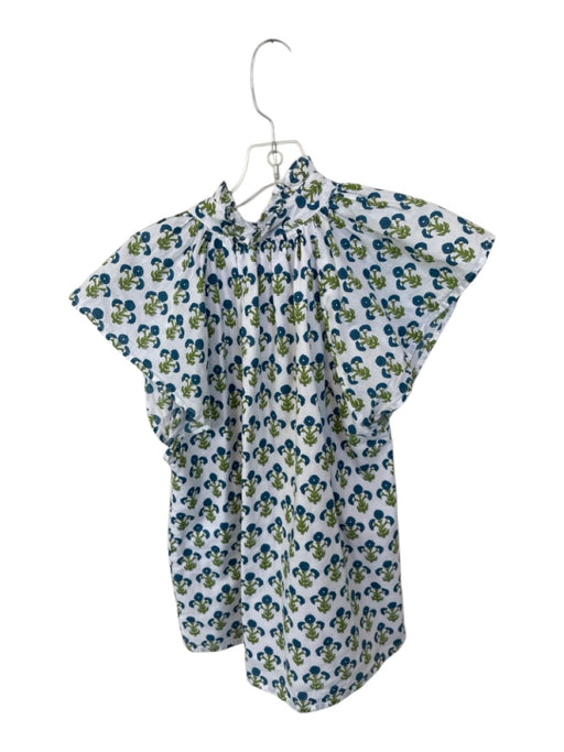 Victoria Dunn Size S Blue & Green Cotton Short Sleeve Flowers Buttons Top Blue & Green / S