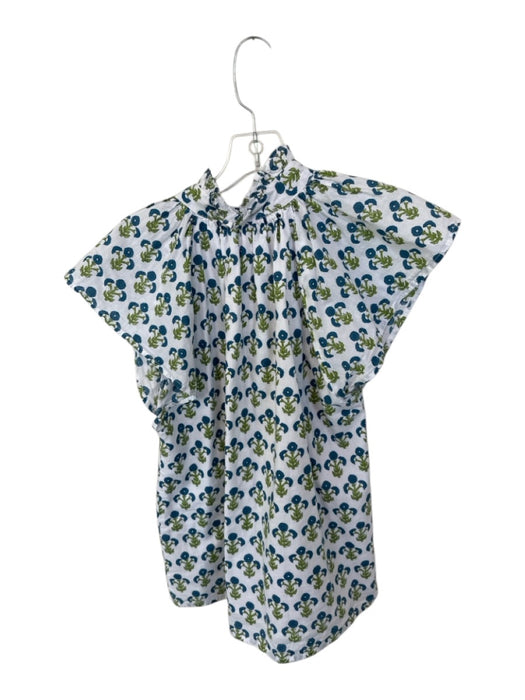 Victoria Dunn Size S Blue & Green Cotton Short Sleeve Flowers Buttons Top Blue & Green / S