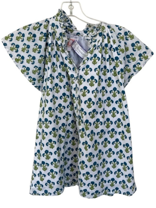 Victoria Dunn Size S Blue & Green Cotton Short Sleeve Flowers Buttons Top Blue & Green / S