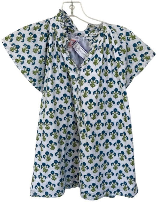 Victoria Dunn Size S Blue & Green Cotton Short Sleeve Flowers Buttons Top Blue & Green / S