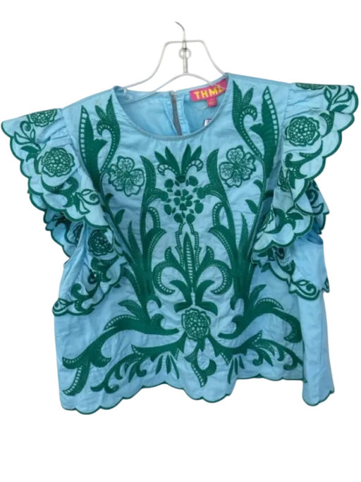 THML Size XS Blue & Green Cotton Short Sleeve Embroidered Flowers Top Blue & Green / XS