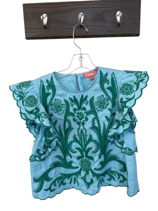 THML Size XS Blue & Green Cotton Short Sleeve Embroidered Flowers Top Blue & Green / XS