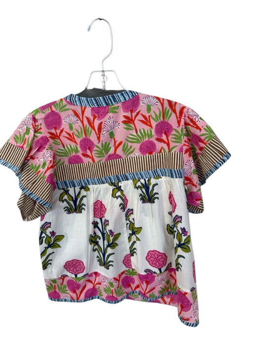 THML Size XS Brown & Pink Cotton Short Sleeve Flowers Striped Top Brown & Pink / XS