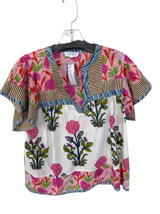 THML Size XS Brown & Pink Cotton Short Sleeve Flowers Striped Top Brown & Pink / XS