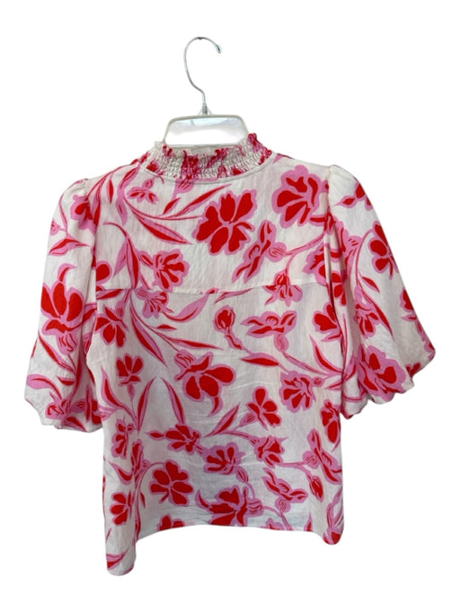 THML Size XS Pink & Red Rayon Short Balloon Sleeve Flowers Ruffle collar Top Pink & Red / XS